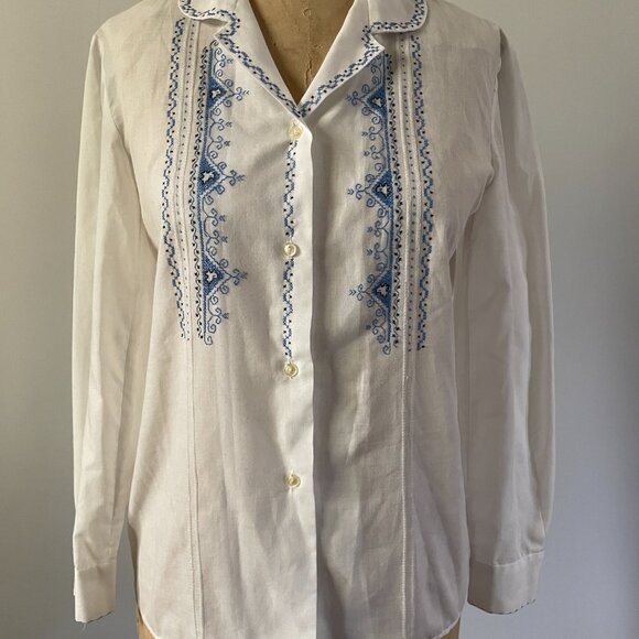 60s 70s Greek Boho Light Cotton Blend Embroider Needlepoint Button Up Blouse Med - Picture 8 of 13
